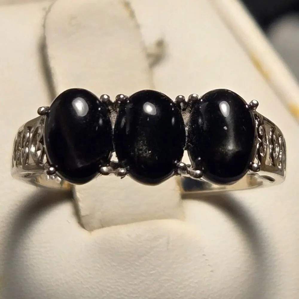 Black tiger eye stones vintage sterling silver ring sz 8.5